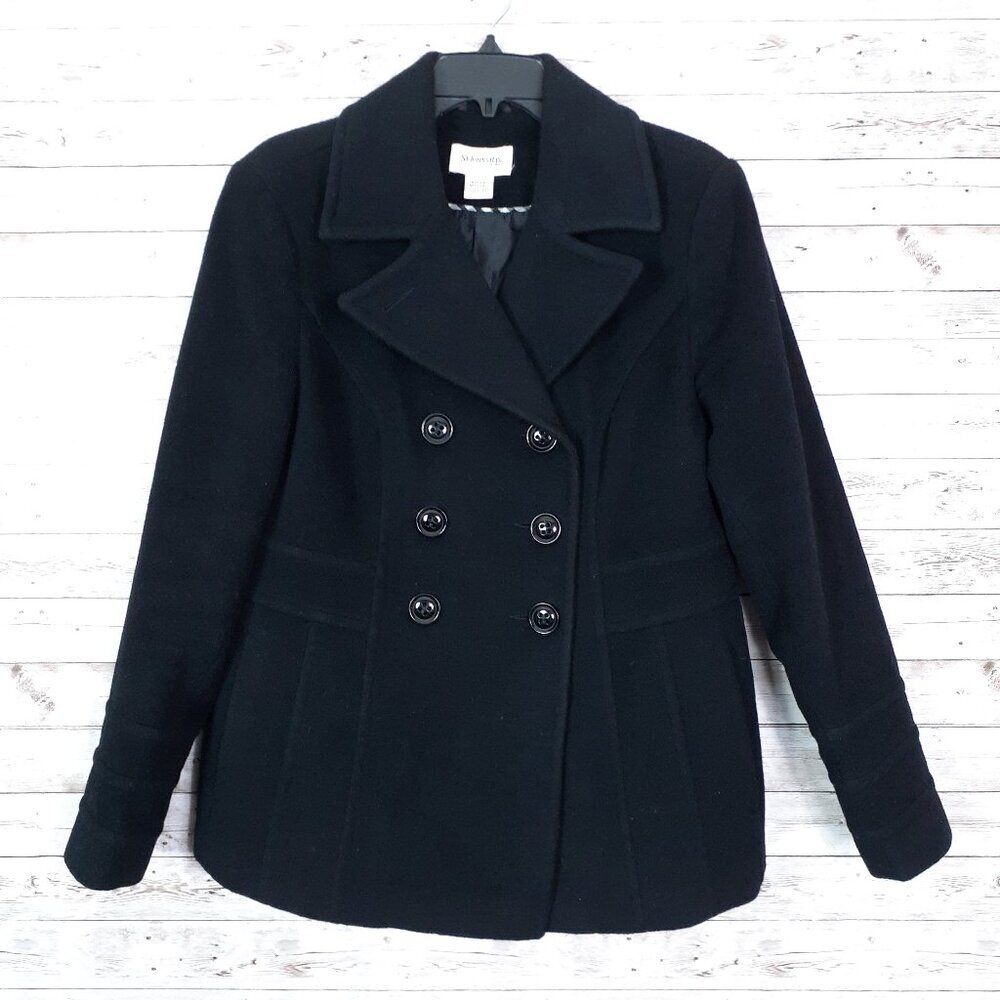 St Johns Bay Womens Double Breasted Wool Blend Pea Coat M Black CL